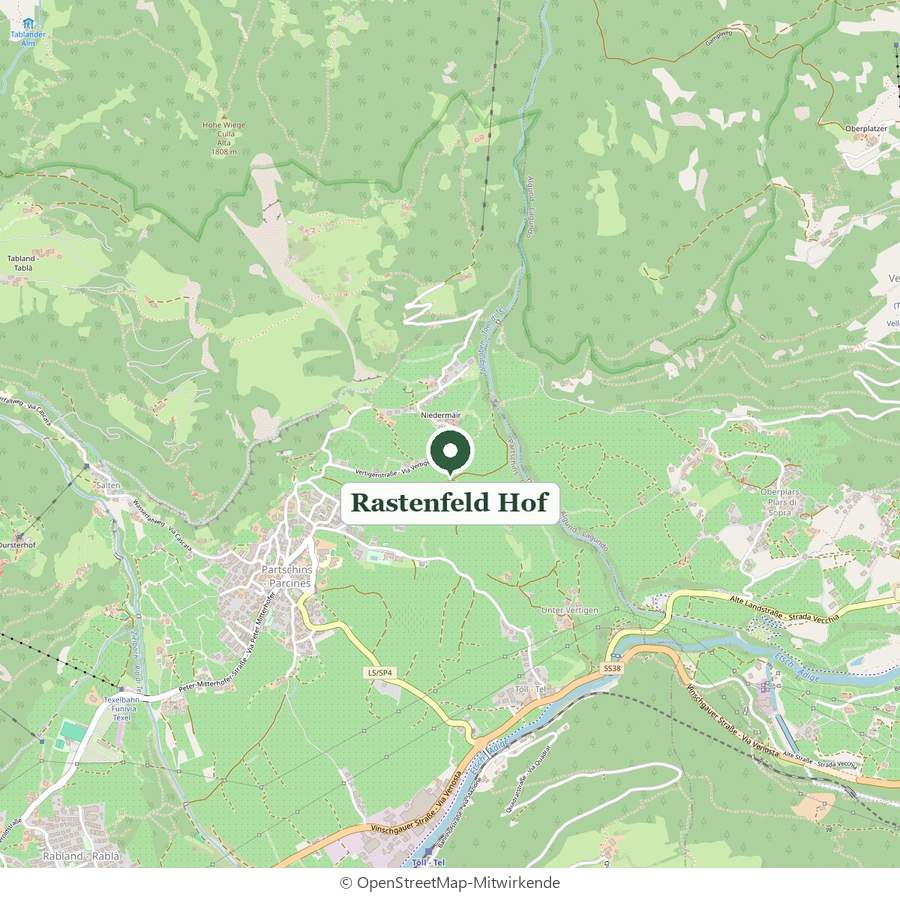 Karte: Der Rastenfeld Hof liegt an der Vertigenstraße oberhalb von Partschins bei Meran in Südtirol.